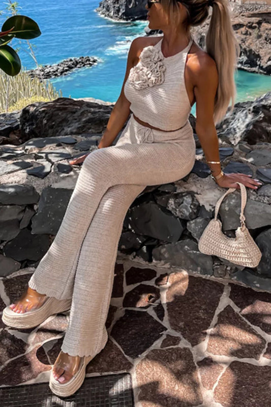LM | Olivian Knit Rose Applique Halter Tank and Elastic Waist Flare Pants Set