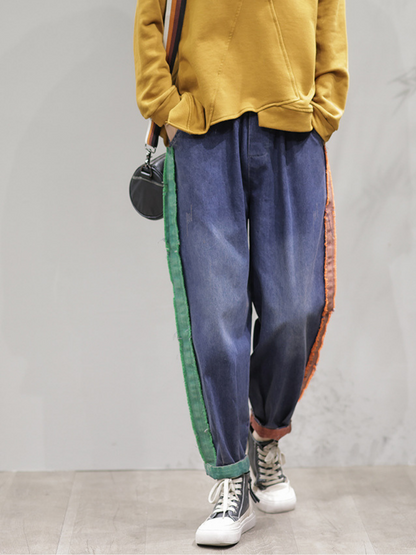 LM | Casual Vintage Loose Fit Patch Denim Bottom Jeans Pants