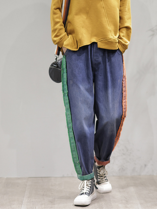 LM | Casual Vintage Loose Fit Patch Denim Bottom Jeans Pants