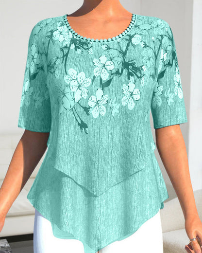 LM | Blouse with floral round neckline and short sleeves