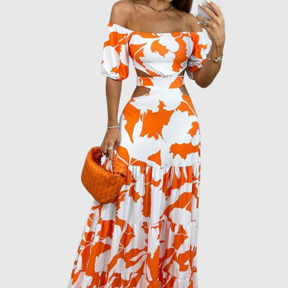 LM | Elegant midi dress with irregular grain and neckline