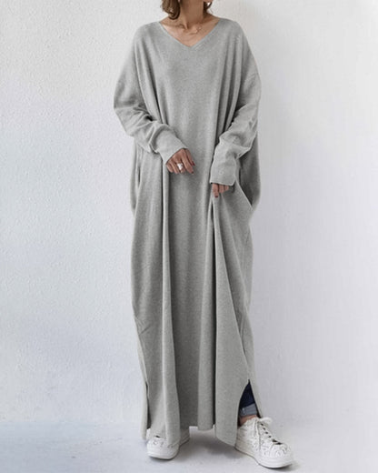 LM | stylish long-sleeved maxi dress with V-neckline for everyday wear
