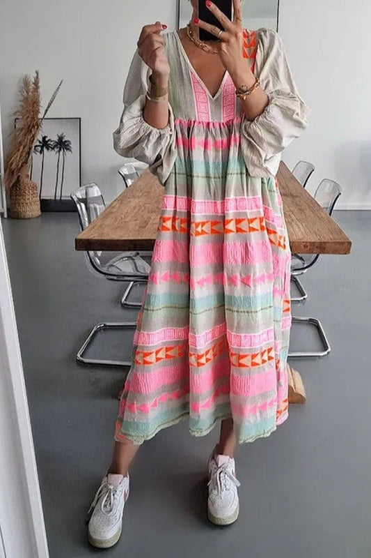 LM | Whisked Away Geometric Color Block Printed A-Line Midi Dress