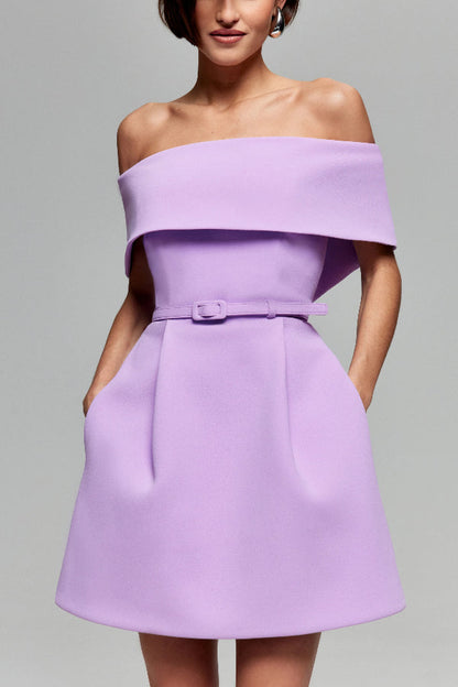LM | Elegant Evening Lapel Bandeau Detachable Belt Pocketed Mini Dress