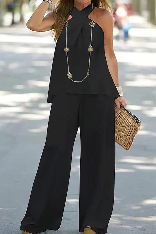 LM | fashion casual halter neck solid color sleeveless wide leg pants set