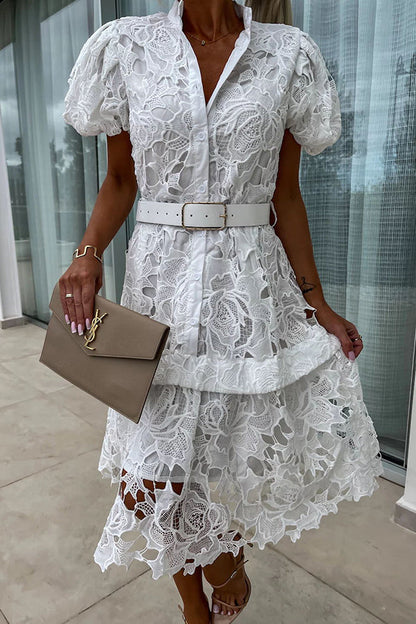 LM | Absolutely Elegant Floral Crochet Lace Puff Sleeve Belted Shirt Midi Dress
