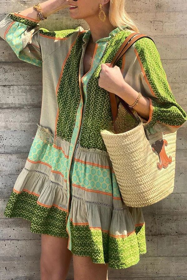LM | Vacation Style Ethnic Print Button Loose Mini Dress