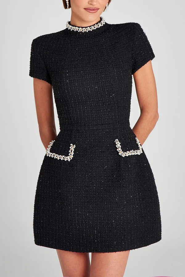 LM | Exquisite and playful tweed fabric beaded short sleeve pocketed mini dress