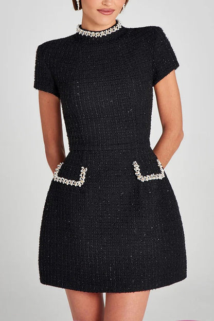 LM | Exquisite and playful tweed fabric beaded short sleeve pocketed mini dress