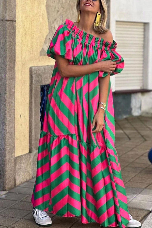 LM | Linen Blend Off Shoulder Ruffle Puff Sleeve Pocketed Midi Dress