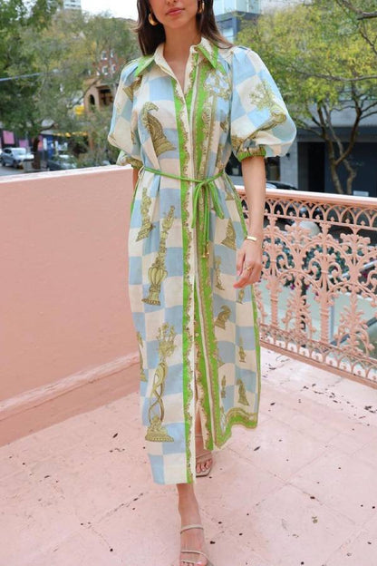 LM | Unique Printed long sleeve shirt midi dress with drawstring pocket