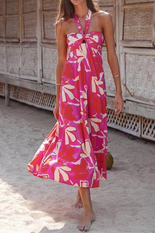 LM | Halterneck Print Berry Lotus Midi Dress