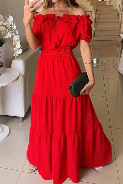 LM | Admit Your Feelings Off-the-shoulder maxi dress with smocked waist