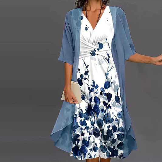 LM | Midi dress with jacket in blue and white for summer