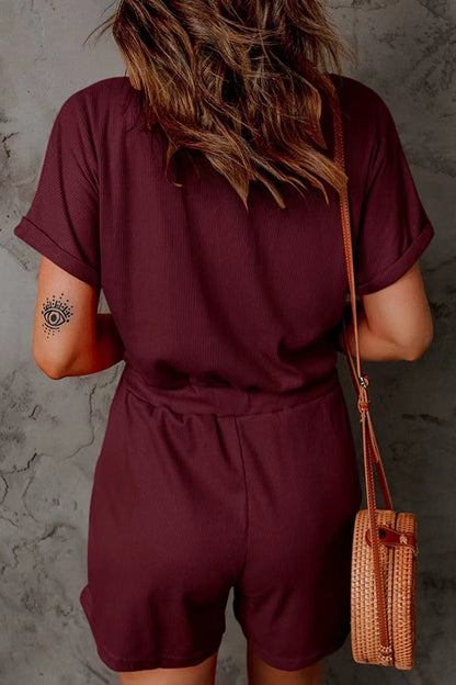 LM | Short-sleeved full-size romper with drawstring and V-neckline