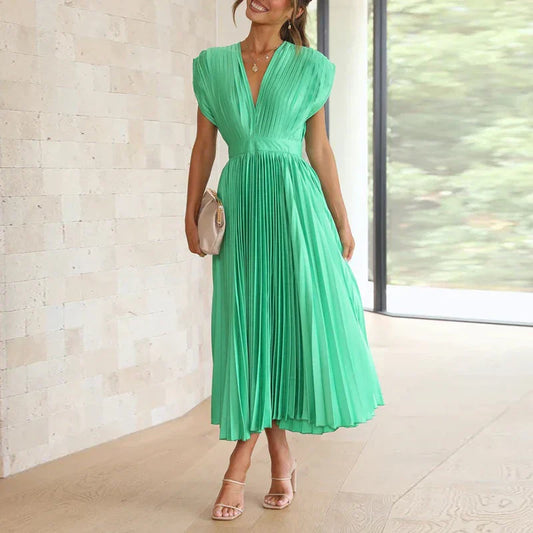 LM | Maxi dress with V-neck and pleats
