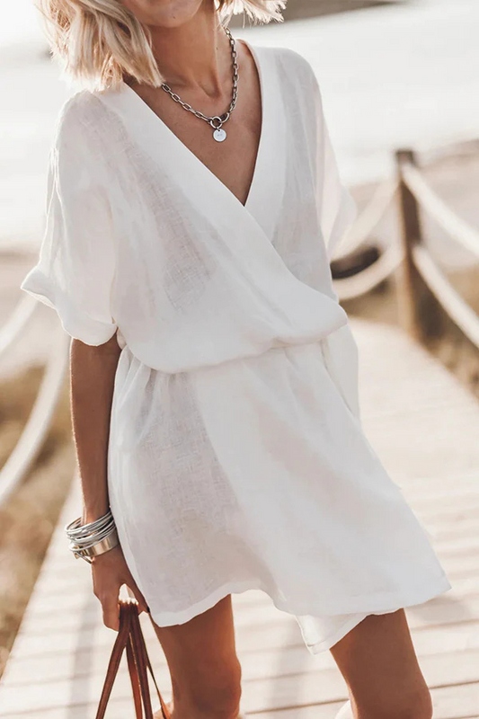 LM | cotton-linen blend pocket belt kimono mini dress