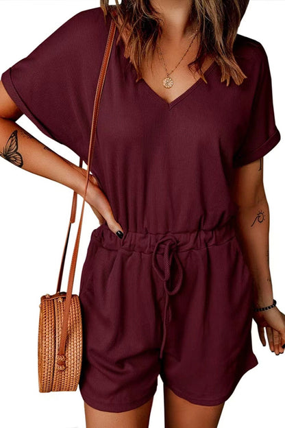 LM | Short-sleeved full-size romper with drawstring and V-neckline