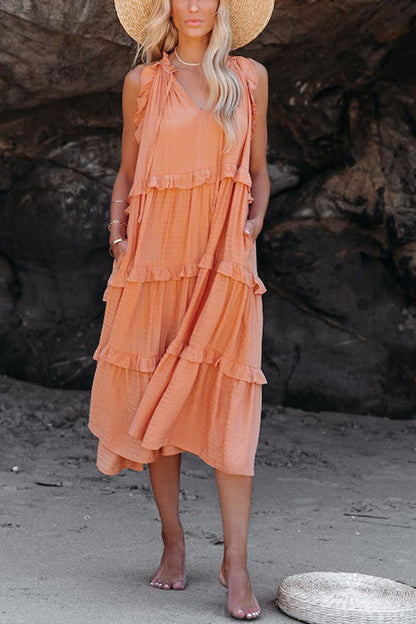 LM | COTTON BLEND, TIERED MIDI DRESS WITH POCKETS