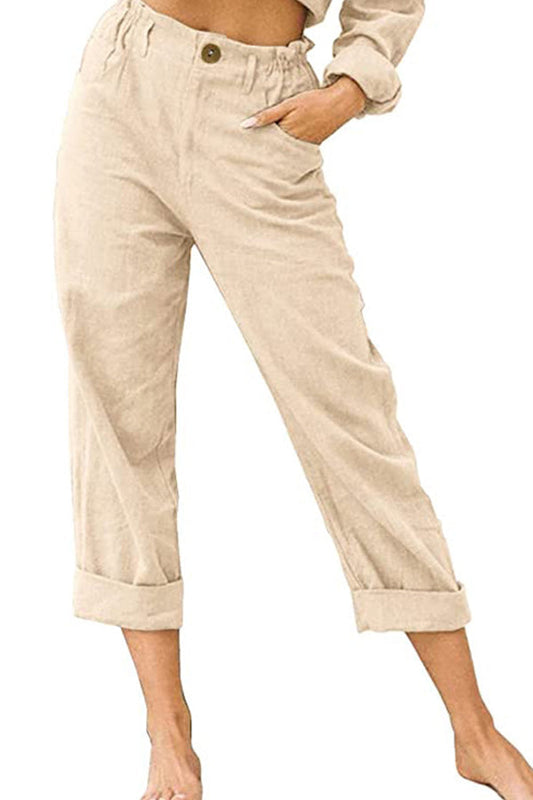 LM | Solid color cotton and linen fashionable loose high waist casual pants