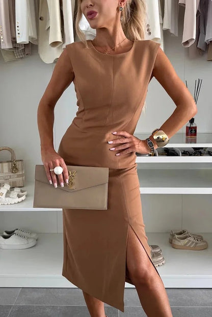 LM | Solid color Round neckline Sleeveless Slim fit midi dress with slit