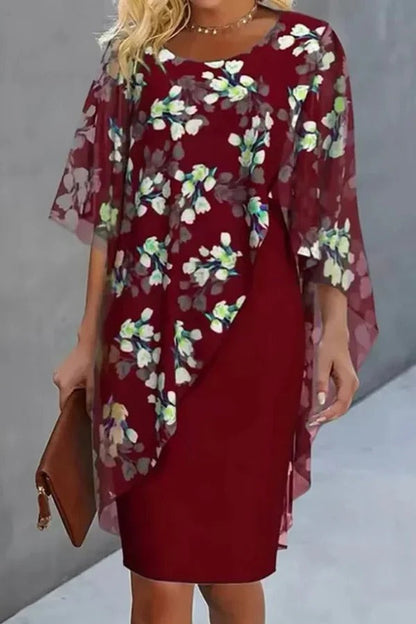 LM | Chiffon Floral Print Round Neck Casual Mini Dress