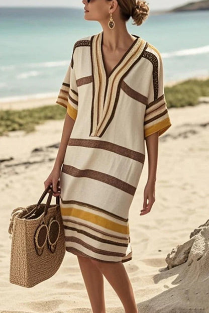 LM | Fashion Striped print V-neck Loose midi dress for vacation