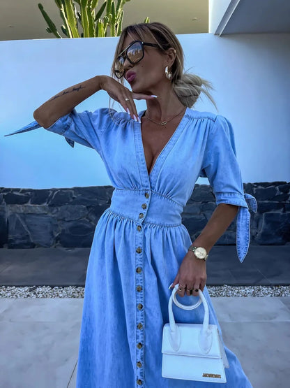LM | stylish casual maxi dress with buttons in blue