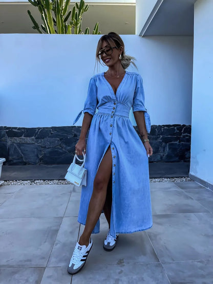 LM | stylish casual maxi dress with buttons in blue