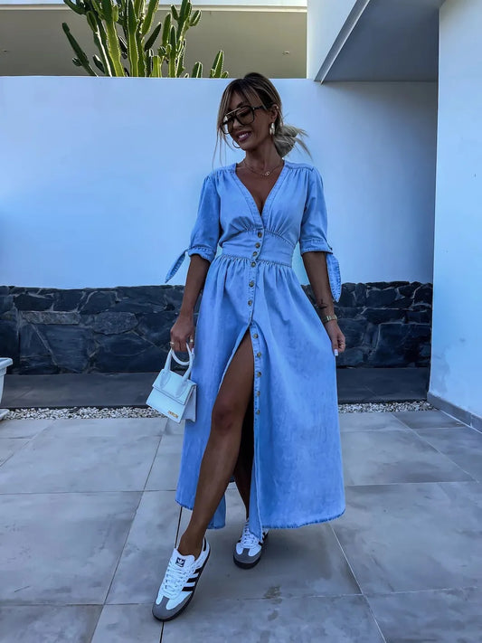 LM | stylish casual maxi dress with buttons in blue
