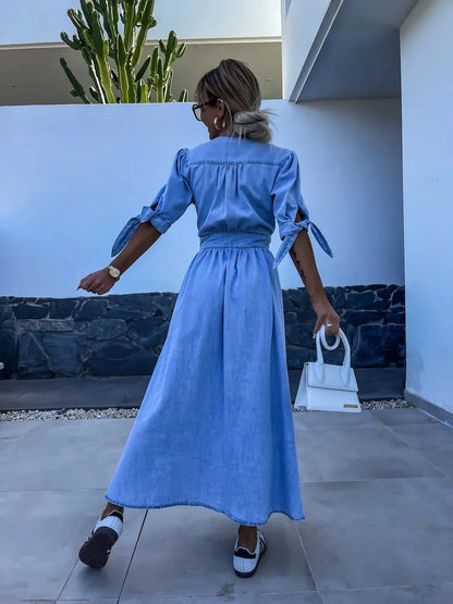 LM | stylish casual maxi dress with buttons in blue