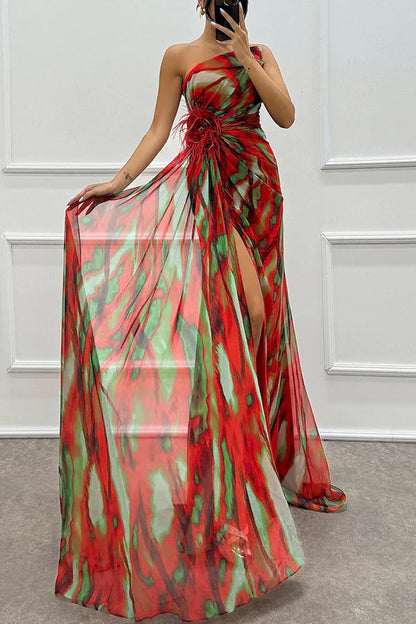 LM | Amazing Views Watercolor Print Feather Rose Detail Off Shoulder Pleated Slit Maxi Dress
