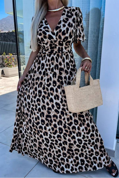 LM | Khaki Leopard V-Neck Cinched High Waist Open Back Maxi Dress