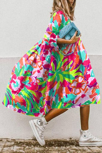 LM | Vintage floral print high low hem A-line midi dress