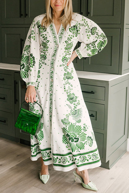 LM | Unique print button down long sleeve shirt maxi dress