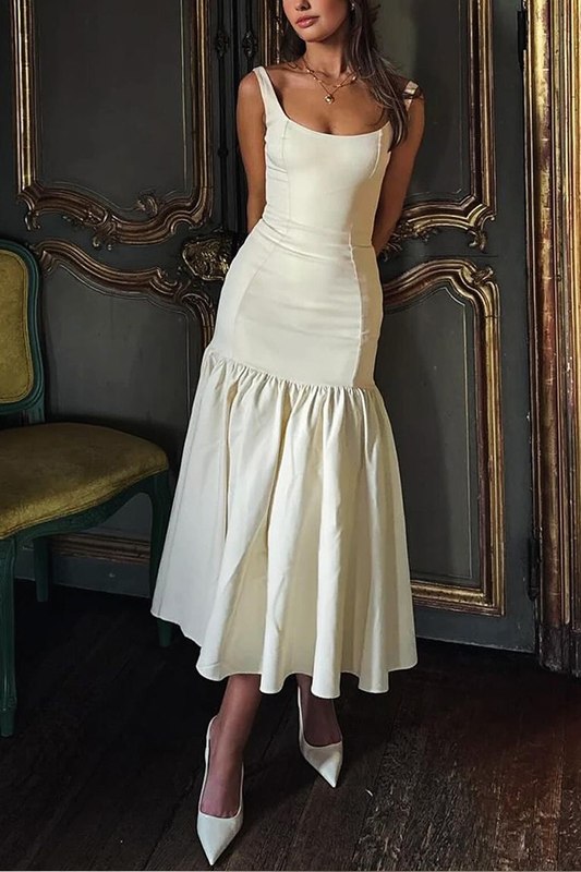 LM | Graceful Silhouette Square Neckline Wide Strap Drop Waist Midi Dress
