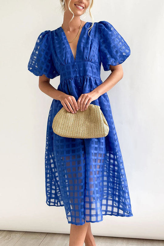 LM | Remarkable Beauty Square Patterned Fabric Puff Sleeve Party Midi Dress