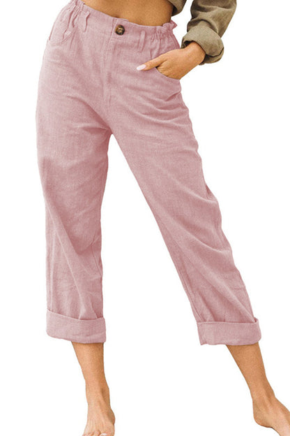 LM | Solid color cotton and linen fashionable loose high waist casual pants