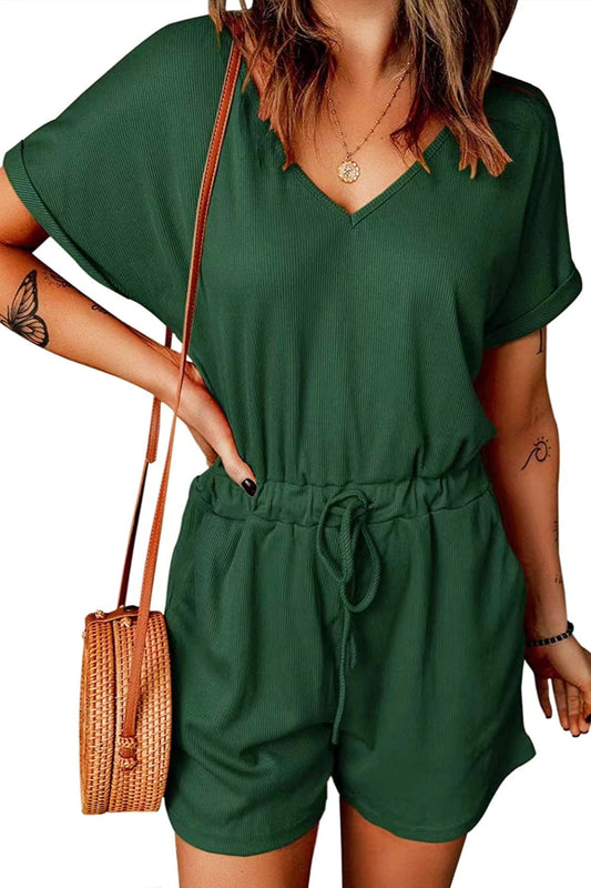 LM | Short-sleeved full-size romper with drawstring and V-neckline