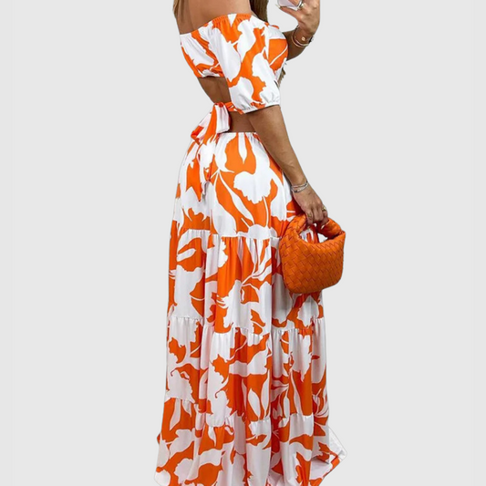 LM | Elegant midi dress with irregular grain and neckline