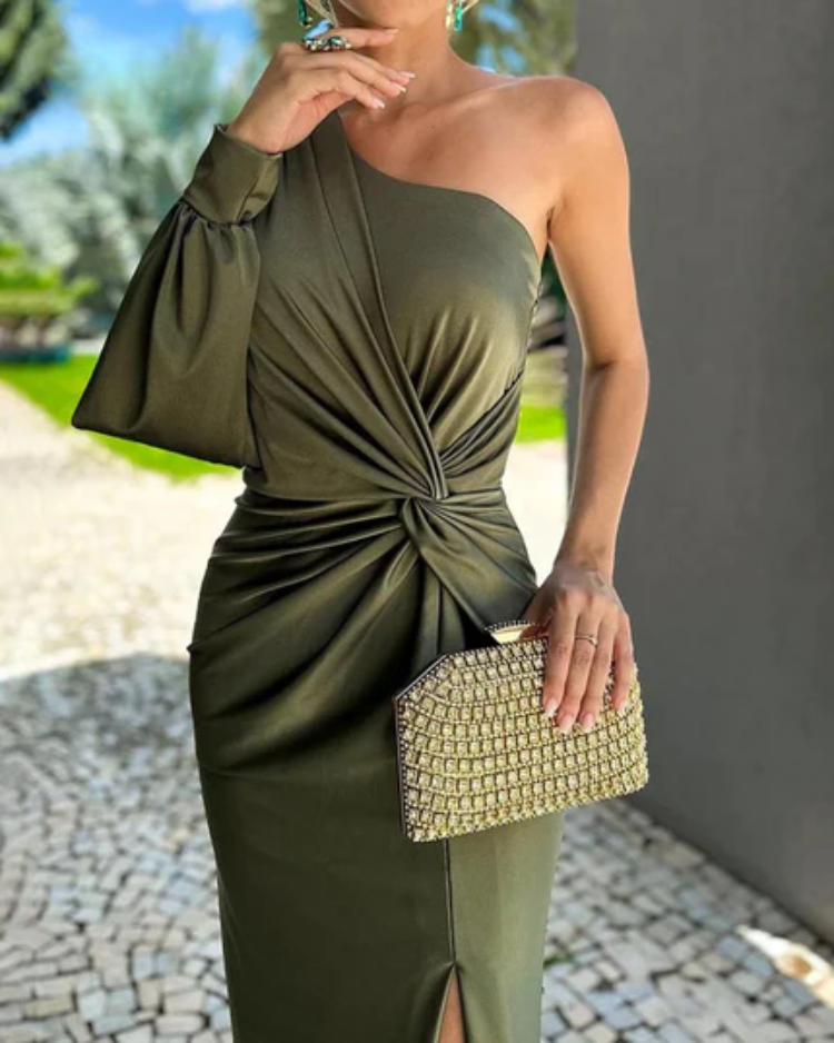 LM | Asymmetric ruched bandage midi dress
