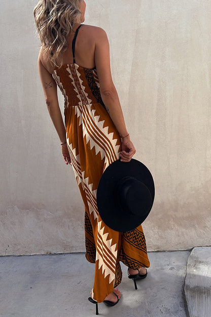 LM | Always Falling Satin Ethnic Print Smocked Back Midi Dress