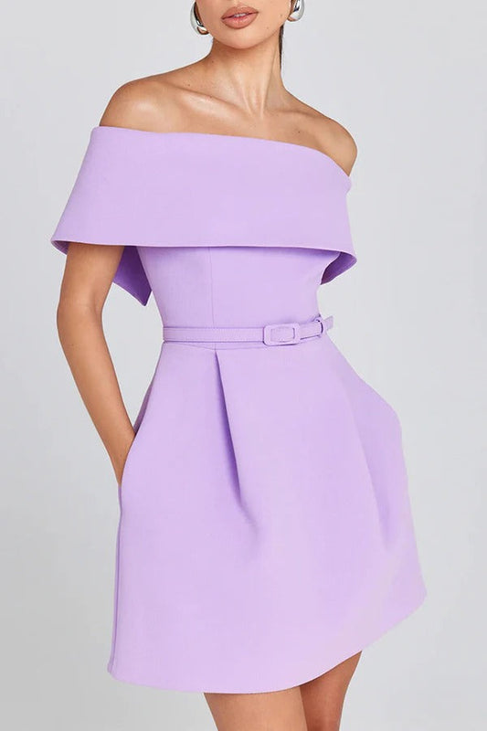 LM | Elegant Evening Lapel Bandeau Detachable Belt Pocketed Mini Dress