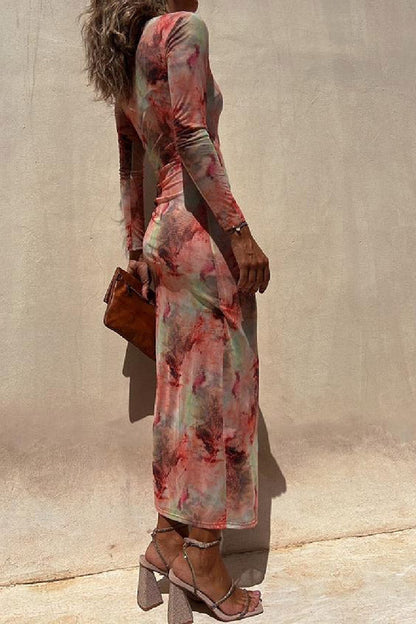 LM | Charm Lady Mesh Overlay Tie Dye Print Long Sleeve Ruffled Stretch Midi Dress