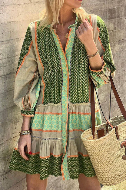 LM | Vacation Style Ethnic Print Button Loose Mini Dress