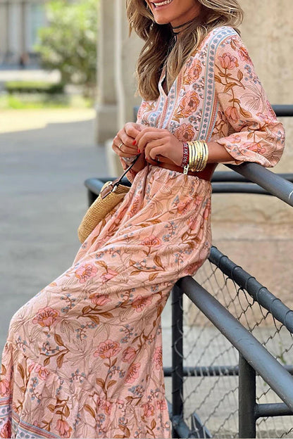 LM | Pink Sexy Bohemian Floral V-Neck Ruffle Maxi Dress