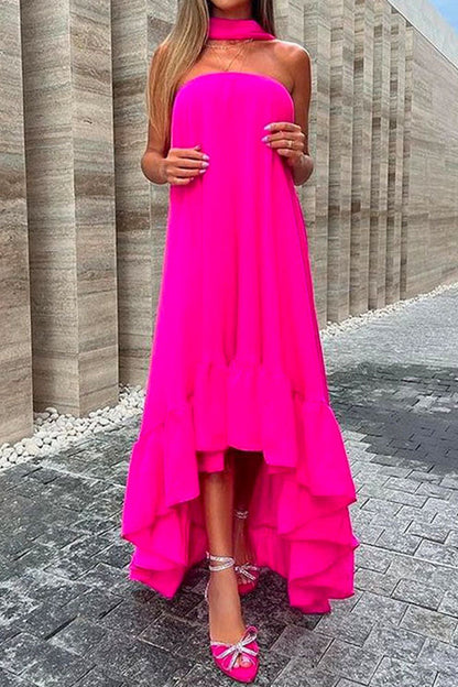 LM | Sleeveless, off-the-shoulder, irregular maxi dress with ruffles
