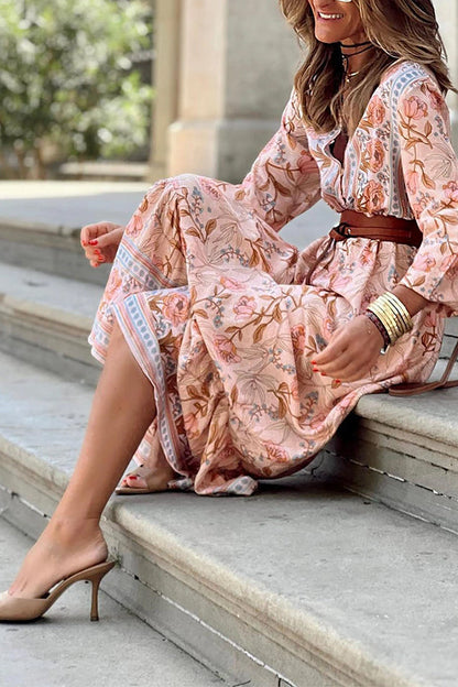 LM | Pink Sexy Bohemian Floral V-Neck Ruffle Maxi Dress