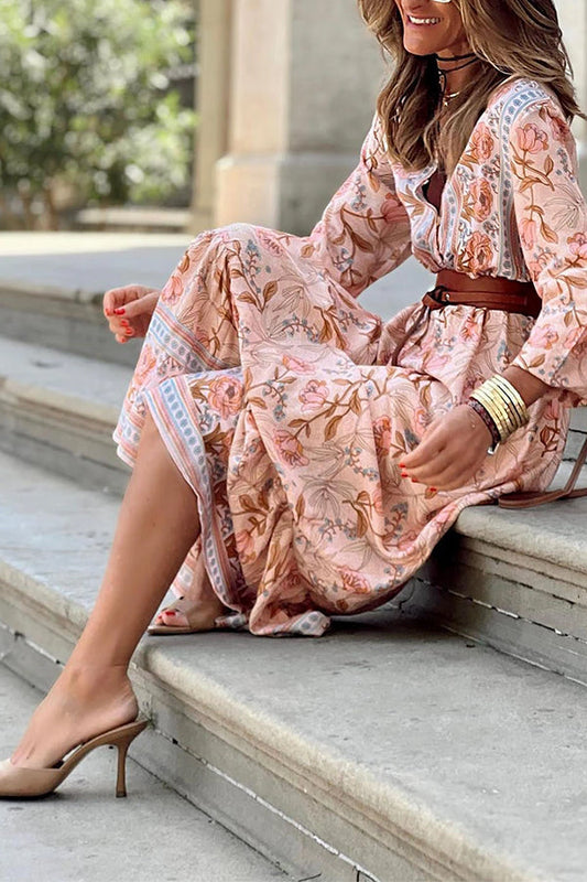 LM | Pink Sexy Bohemian Floral V-Neck Ruffle Maxi Dress
