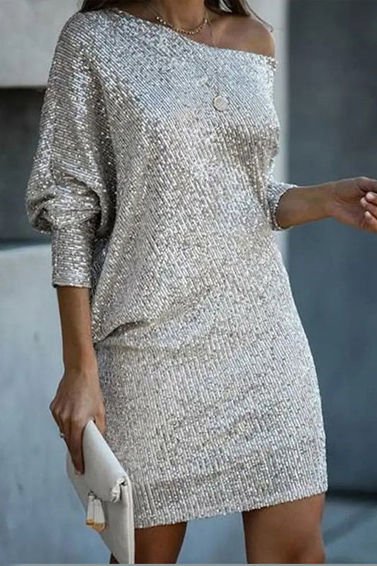 LM | Solid Sequins Off-shoulder Loose Mini Dress